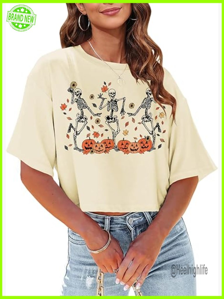 Women's Halloween Crop Top Dancing Skeleton Tee